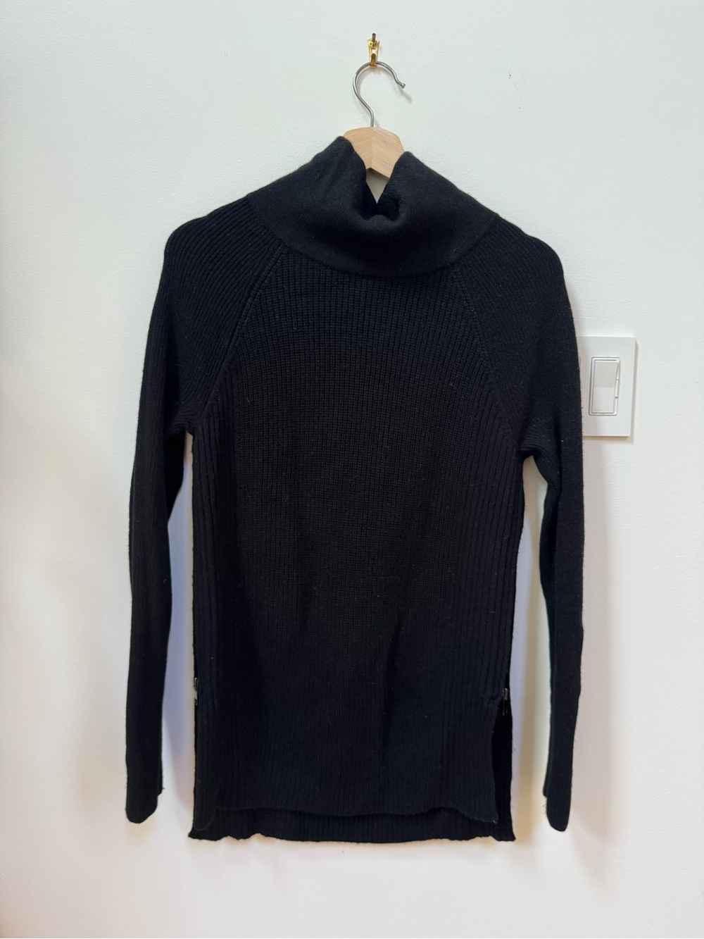 Vince Black Ribbed Turtleneck Sweater, Wool and Cashmere, with side zipper